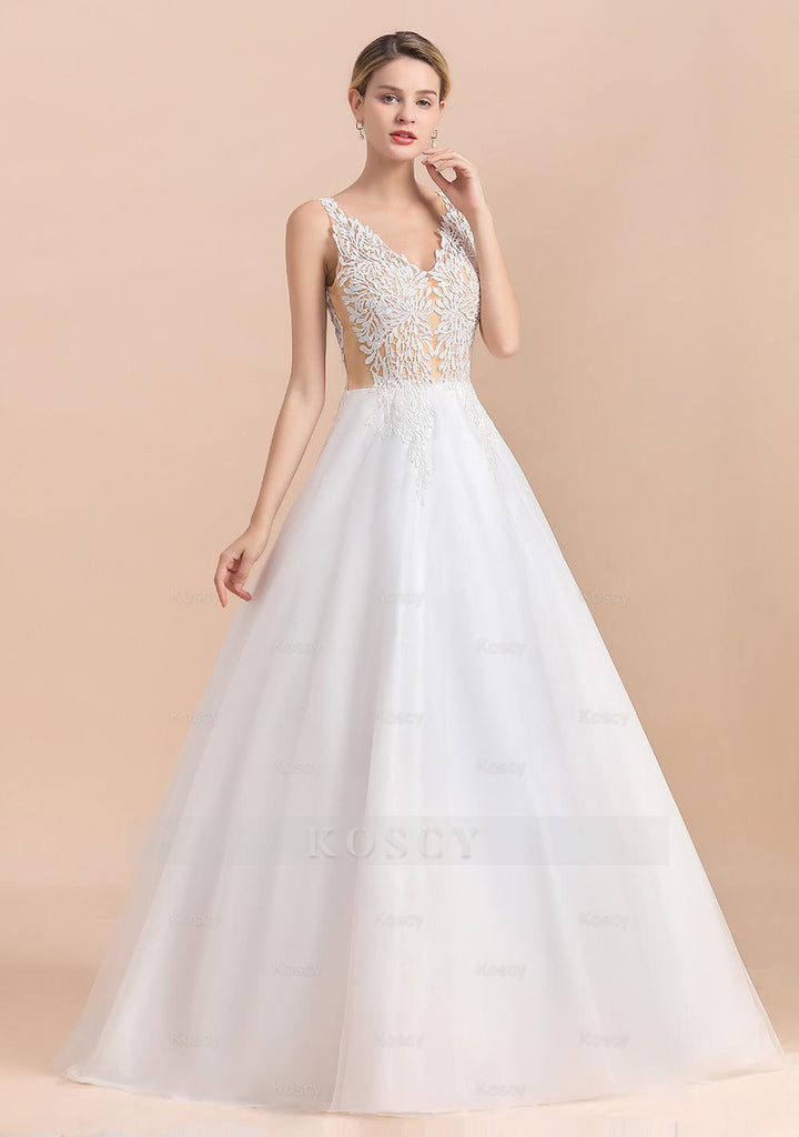 Beach Wedding Dress with A-line Straps Tulle Appliques and V-Neck Lace