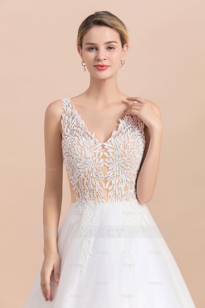 Beach Wedding Dress with A-line Straps Tulle Appliques and V-Neck Lace