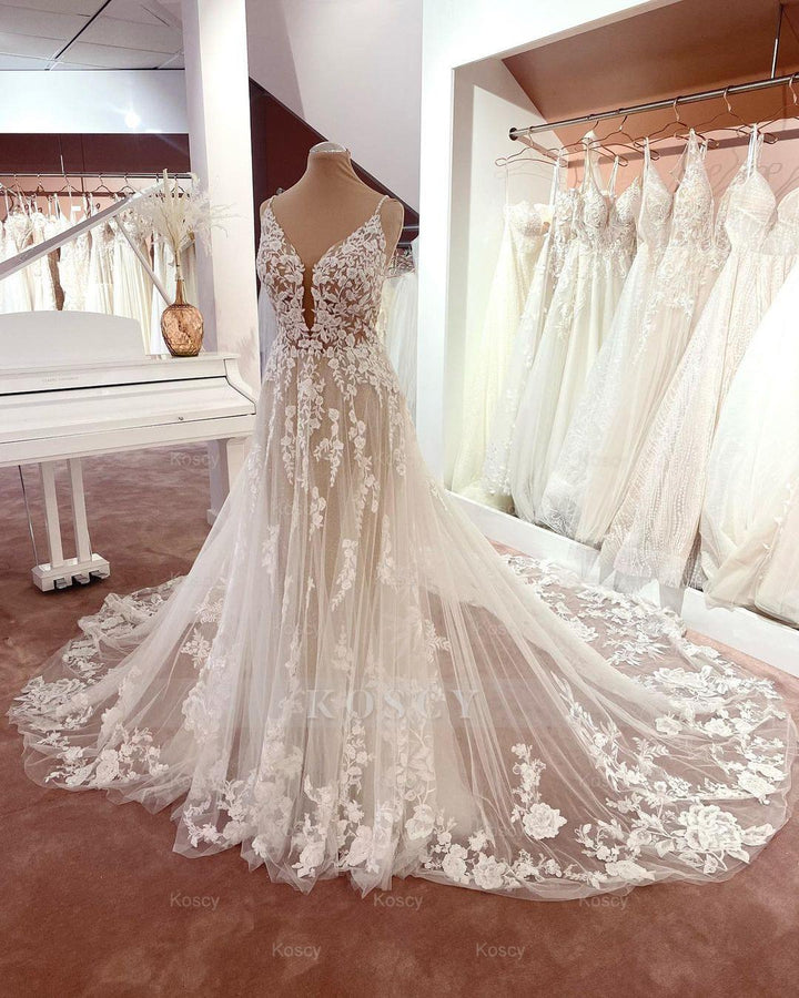 Beach Wedding Gown - Long A-line V-neck Sleeveless Floral Lace Tulle Beach Wedding Gown - Long A-line V-neck Sleeveless Floral Lace Tulle