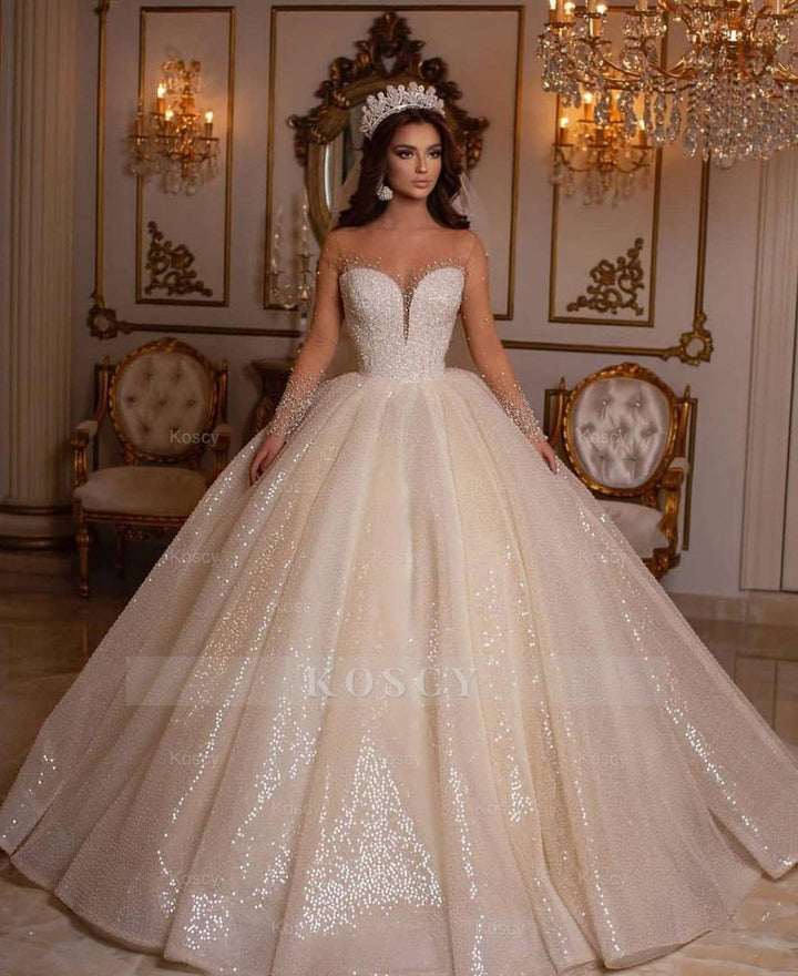 Beautiful Long Ball Gown Sweetheart Sparkly Wedding Dress with Sleeves
