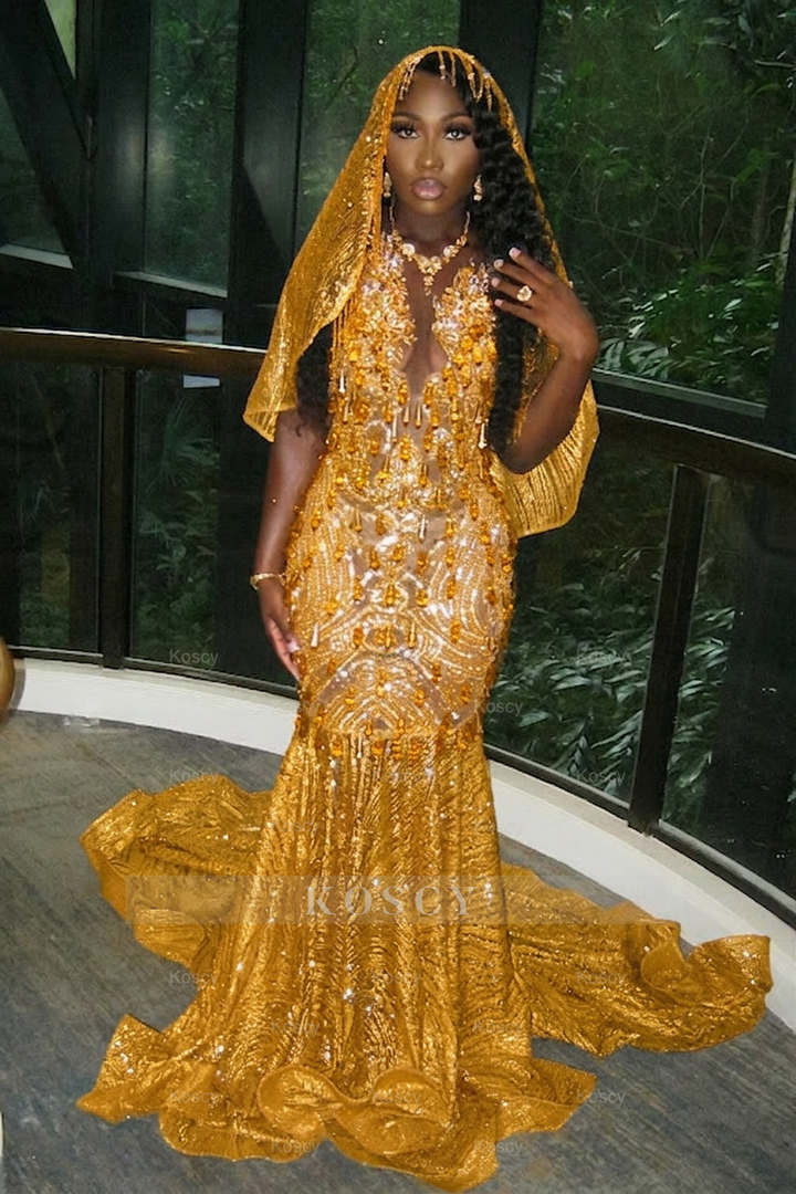Beautiful Long Gold Mermaid Sleeveless Glitter Prom Dress with Veil Beautiful Long Gold Mermaid Sleeveless Glitter Prom Dress with Veil