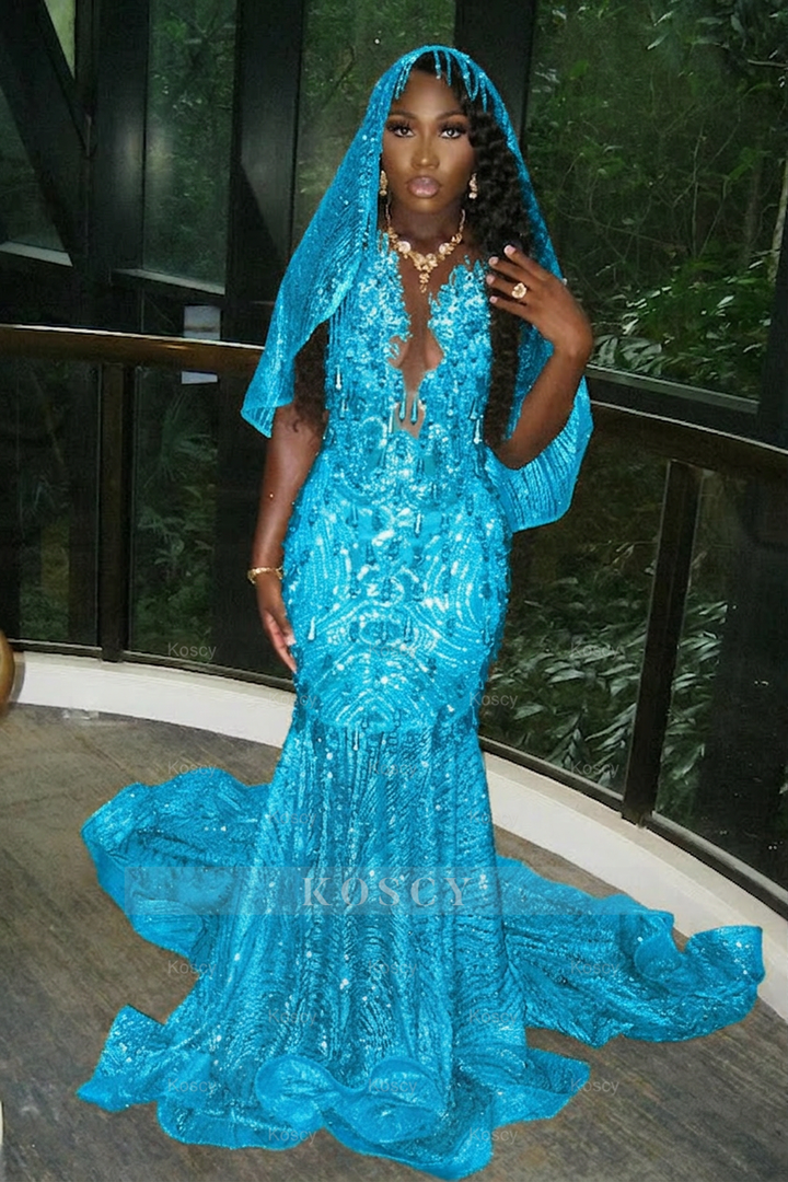Beautiful Long Gold Mermaid Sleeveless Glitter Prom Dress with Veil