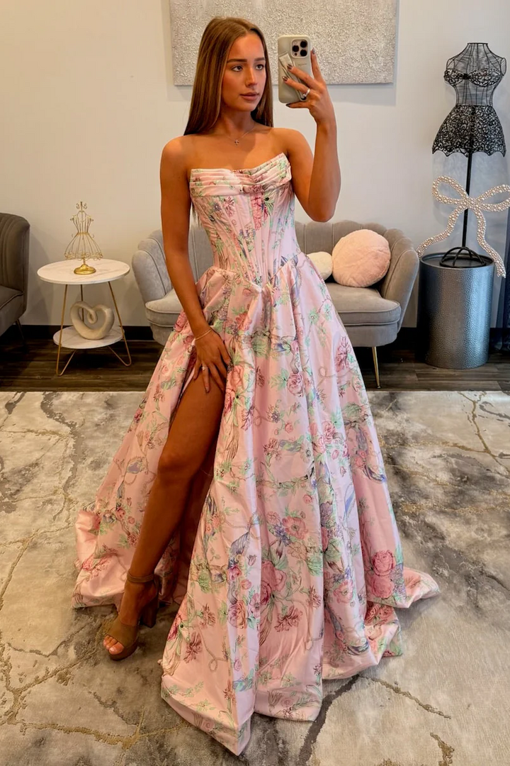 Beautiful Long Pink Floral A-line Prom Dress with Slit Beautiful Long Pink Floral A-line Prom Dress with Slit
