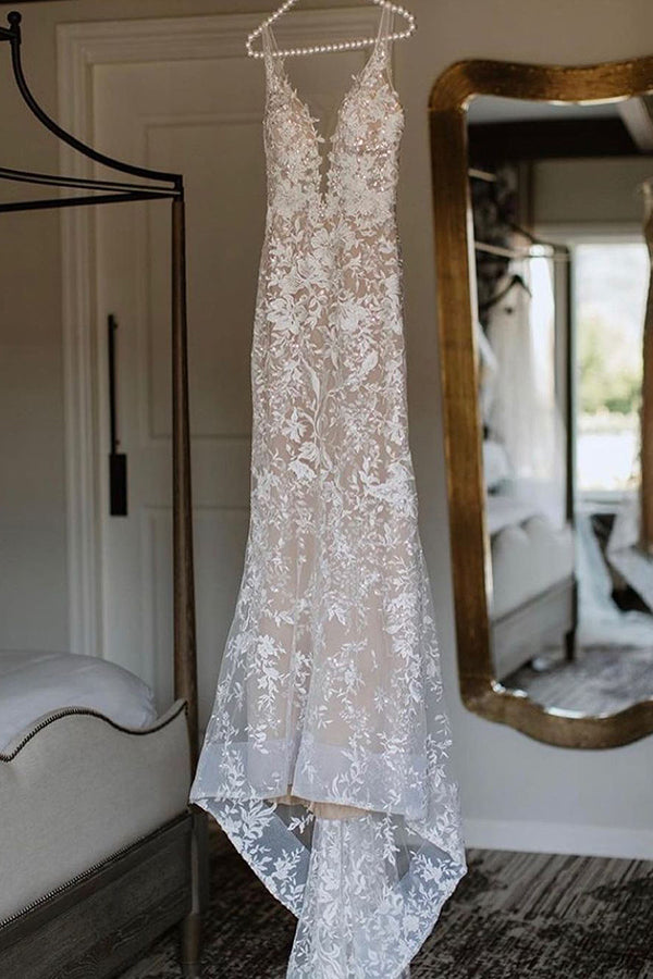 Bmbride Mermaid Spaghetti Straps Lace V-neck Jewel Wedding Dress