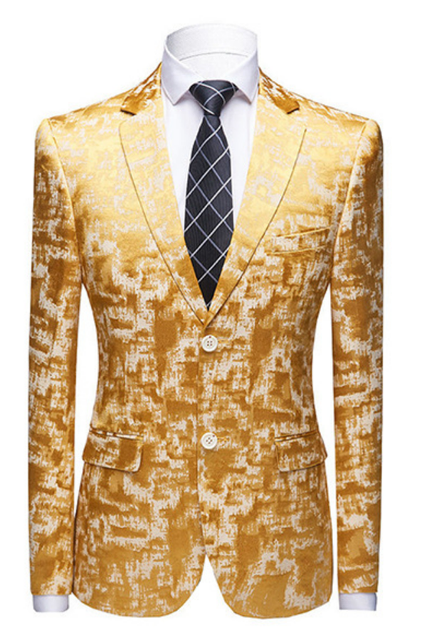 Koscy Handsome Printed Western Wedding Suit with Bright Gold Notched Lapel