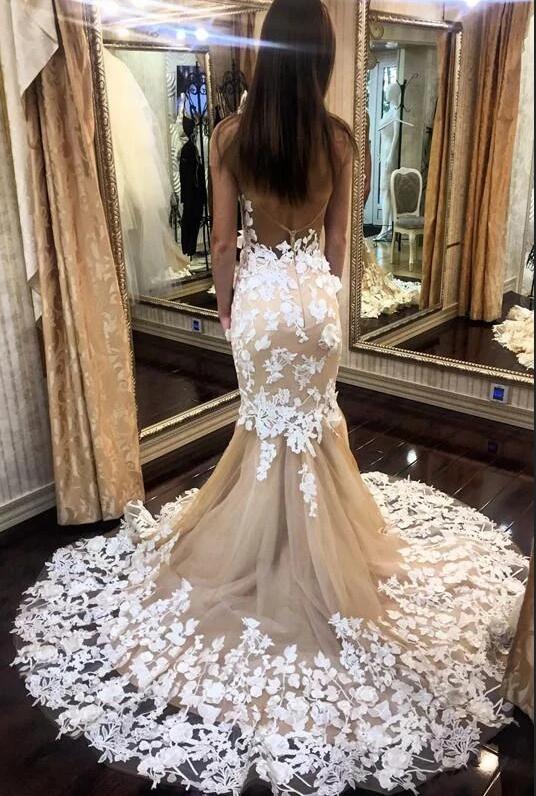 Bmbride Vintage Off-the-Shoulder Appliques Lace Backless Floor-length Mermaid Wedding Dress