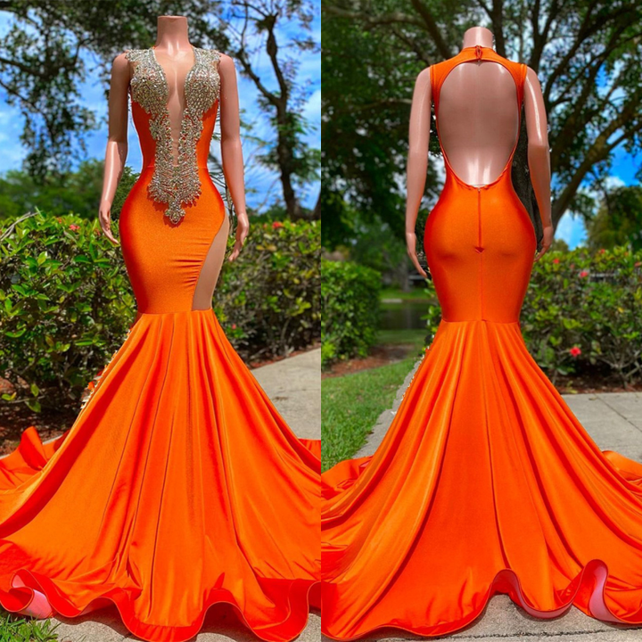 Orange Prom Dress with V Neckline Sleeveless Mermaid Silhouette and Delicate Appliques
