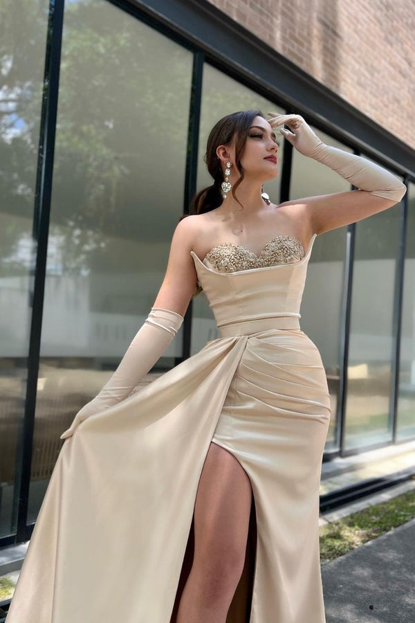 Champagne Sweetheart High Slit Prom Dress With Sleeves