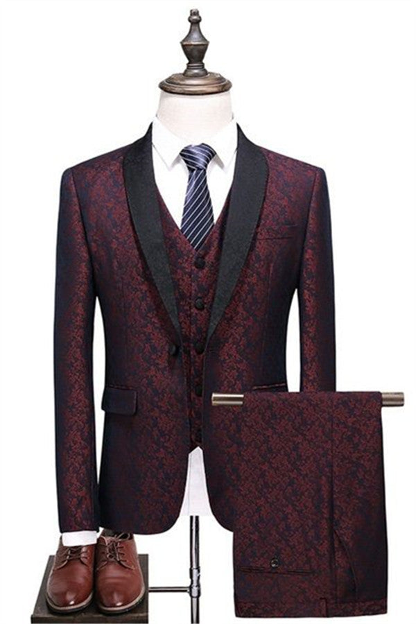 Koscy Three-Piece Burgundy Check Design Slim Fit Suit with One Button