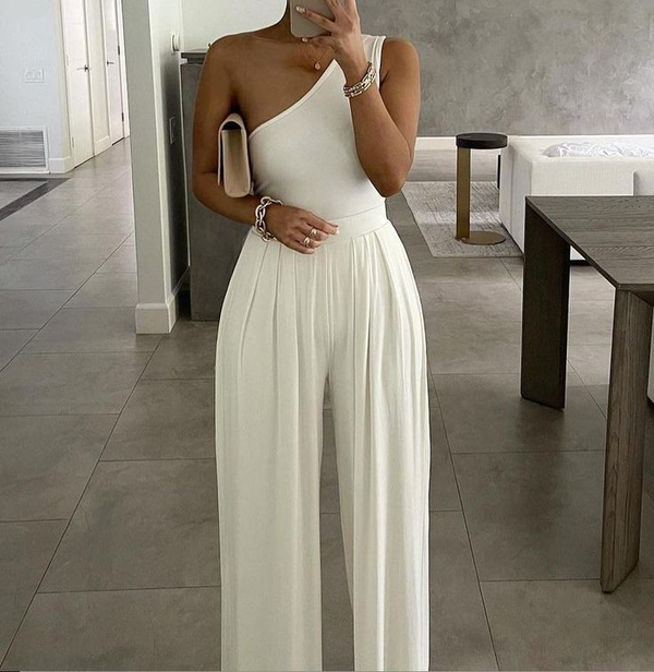 Koscy Elegant One-Shoulder White Wide-Leg Daily Women's Jump Suit