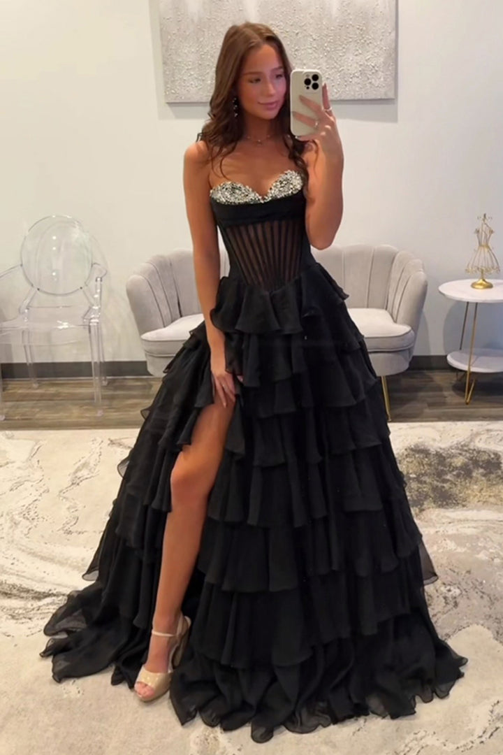 black corset prom dress with slit Long Black Beaded Corset Prom Dress with Sparkly A-Line and Slit main image 1