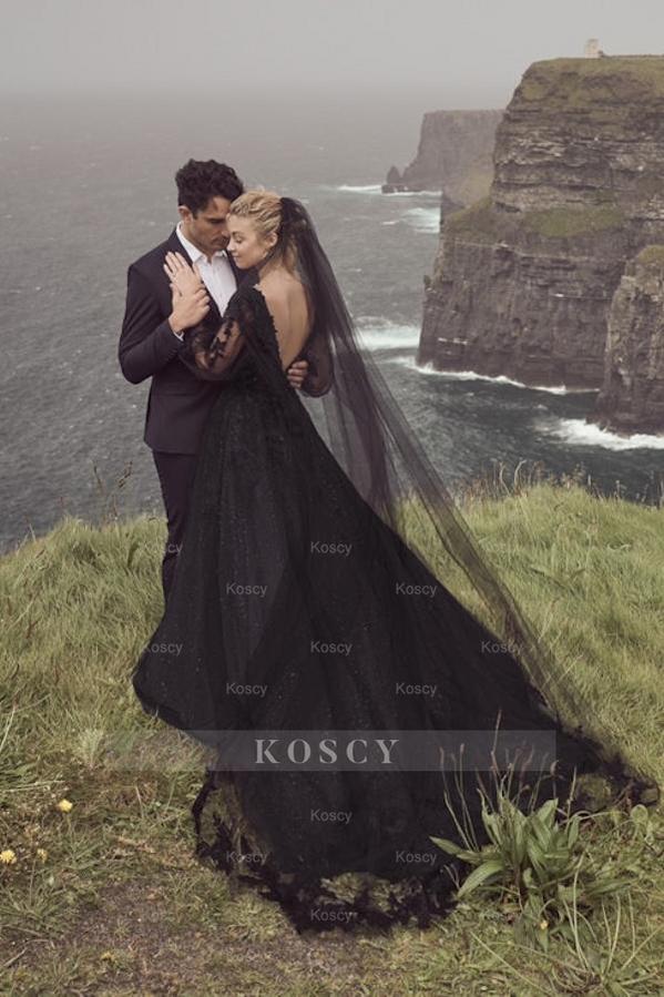 Black A-Line V-Neck Backless Lace Wedding Dress with Long Sleeves