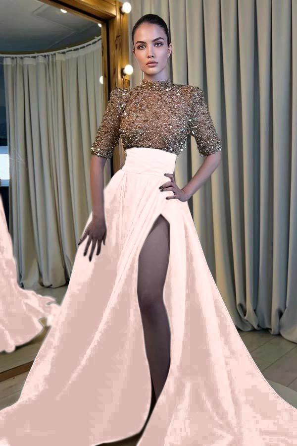black and champagne formal dresses Long Dress Half Sleeves With High Slit elora ribbed midi dress Color:Blue and Red Gingham Elegant Fall Black Elegant Malm Dresser