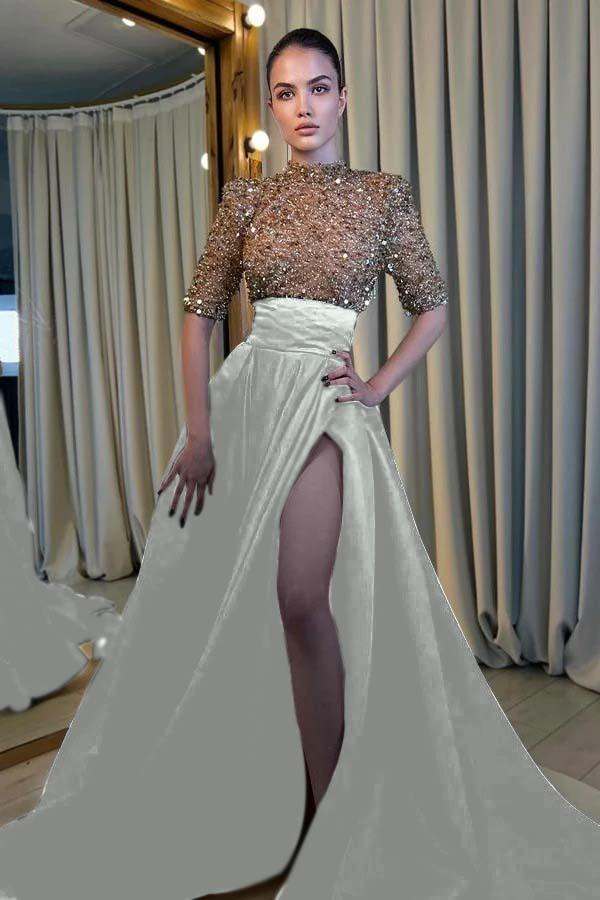 black and champagne formal dresses Long Dress Half Sleeves With High Slit Drop:1 shoulder neckline drapes gracefully Amazon Black Dress For SIZE:8.5