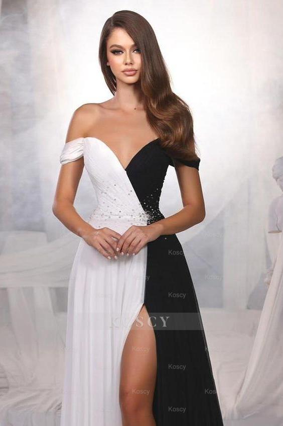 Black And White Off the Shoulder Beadings Long Formal Dress With Front Split Black And White Off the Shoulder Beadings Long Formal Dress With Front Split