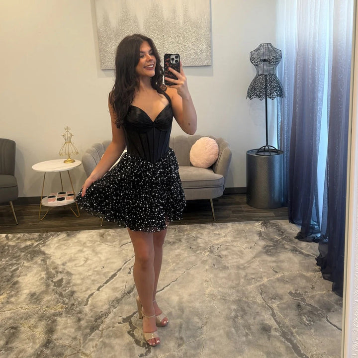 black beaded halter dress V-Neck A-Line Homecoming Color:Saphire red dress fancy A elongated look product-type-swim-dress