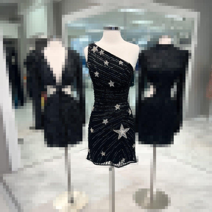 Koscy Black Bodycon One Shoulder Sequin Star Above Keen Homecmong Dress