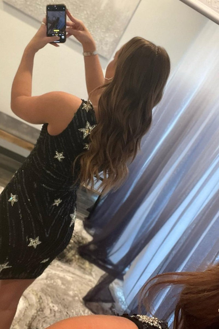 Koscy Black Bodycon One Shoulder Sequin Star Above Keen Homecmong Dress
