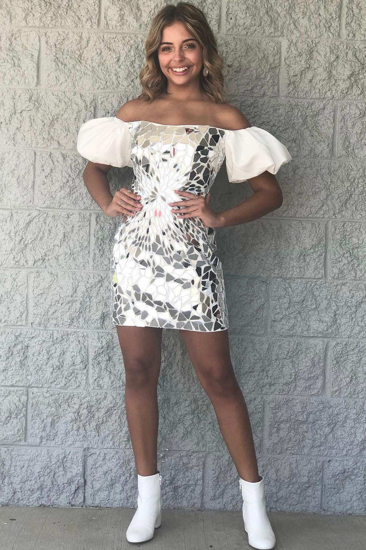 Koscy Black Cut Glass Mirror Puff Sleeve Short Homecoming Dress