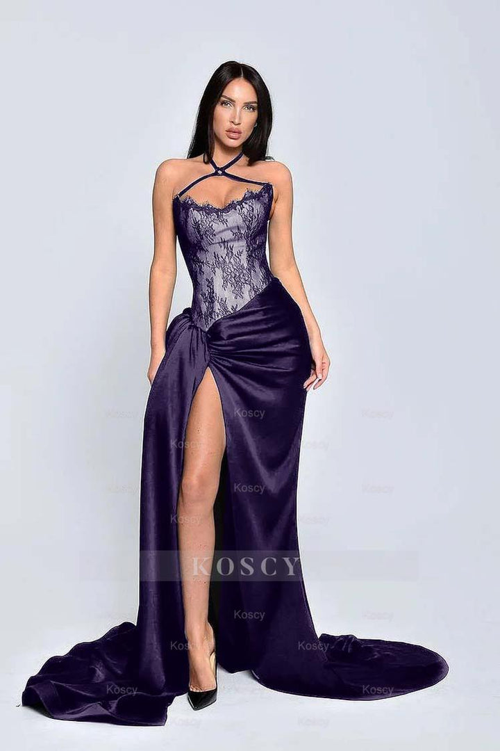 black halter maxi dress formal 2024 Chiffon Black Halter Formal Dress With Slit XS / Blue main image 1