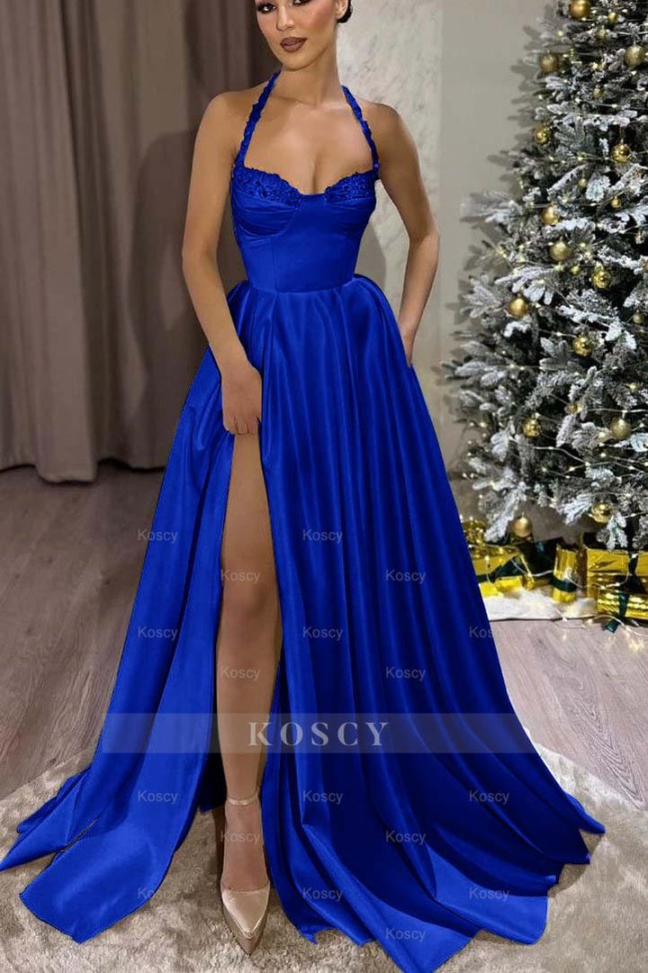 Black Halter Sweetheart Sleeveless Long Formal Dress With Split Black Halter Sweetheart Sleeveless Long Formal Dress With Split