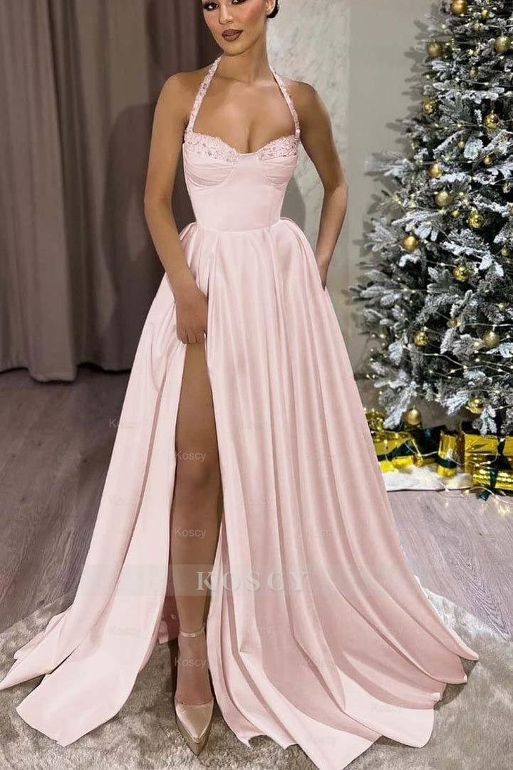 Black Halter Sweetheart Sleeveless Long Formal Dress With Split Black Halter Sweetheart Sleeveless Long Formal Dress With Split