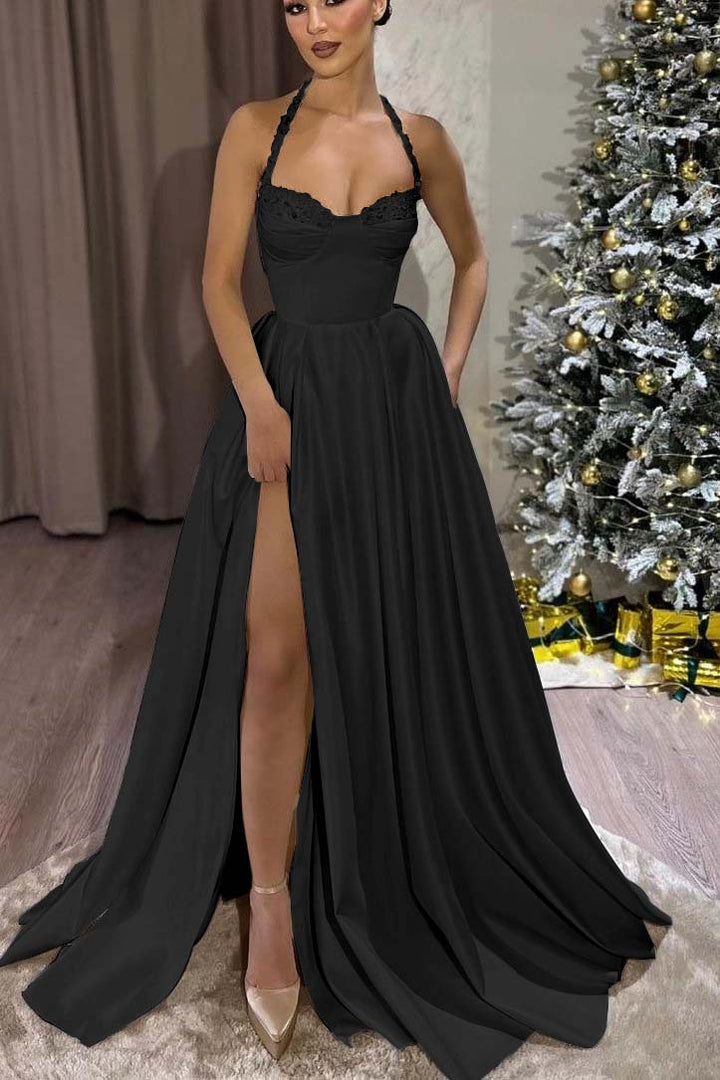 Black Halter Sweetheart Sleeveless Long Formal Dress With Split Black Halter Sweetheart Sleeveless Long Formal Dress With Split