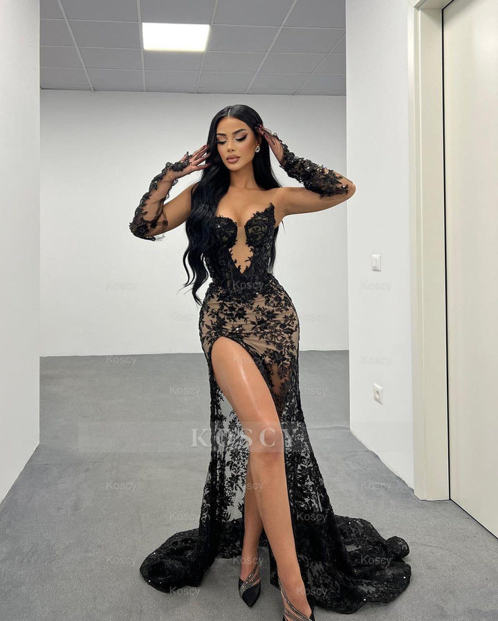 Black Lace Prom Dress with High Slit and Gloves Print