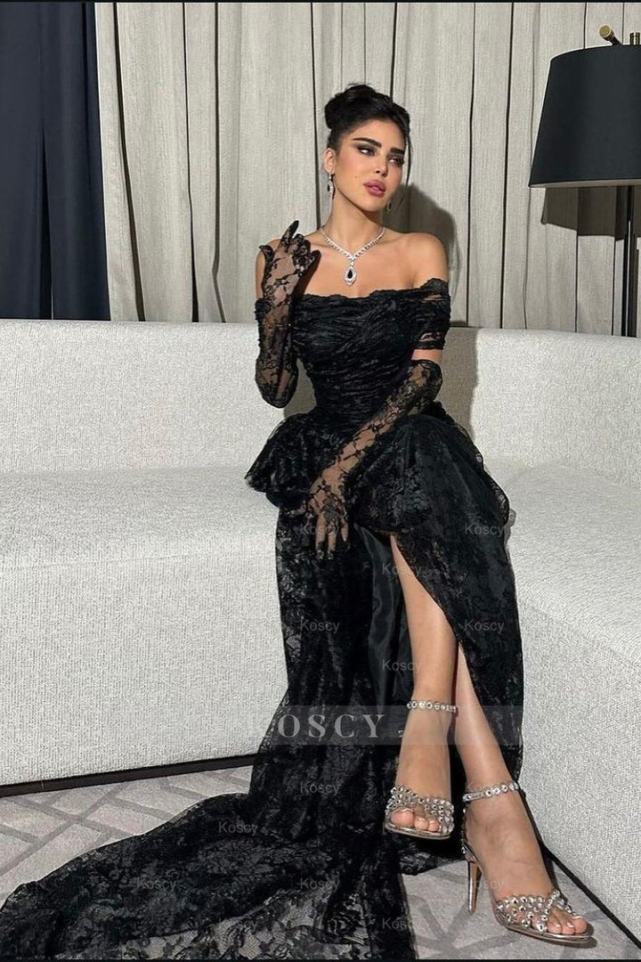 Black Lace Strapless Pleated Split Long Formal Dress With Long Gloves Black Lace Strapless Pleated Split Long Formal Dress With Long Gloves