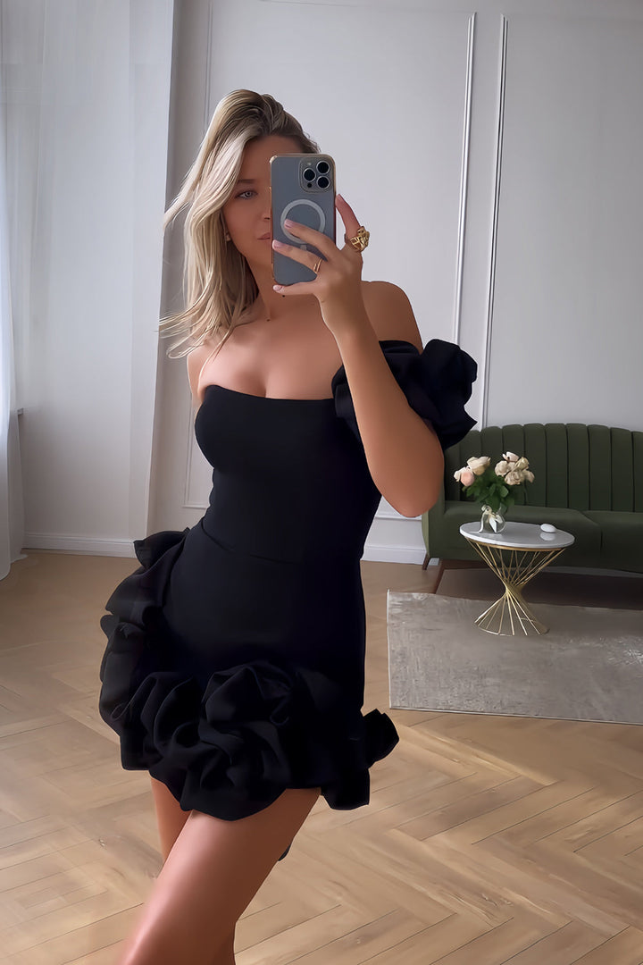 Black One Shoulder Bodycon Short Homecoming Dress with 3D Flowers