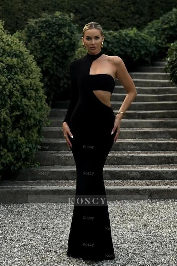 Black One Shoulder Halter Long Sleeve Mermaid Long Formal Dress Black One Shoulder Halter Long Sleeve Mermaid Long Formal Dress