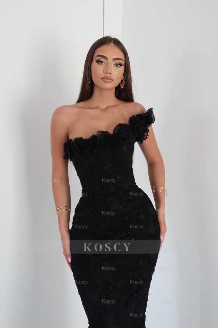 black one shoulder lace dress KissProm