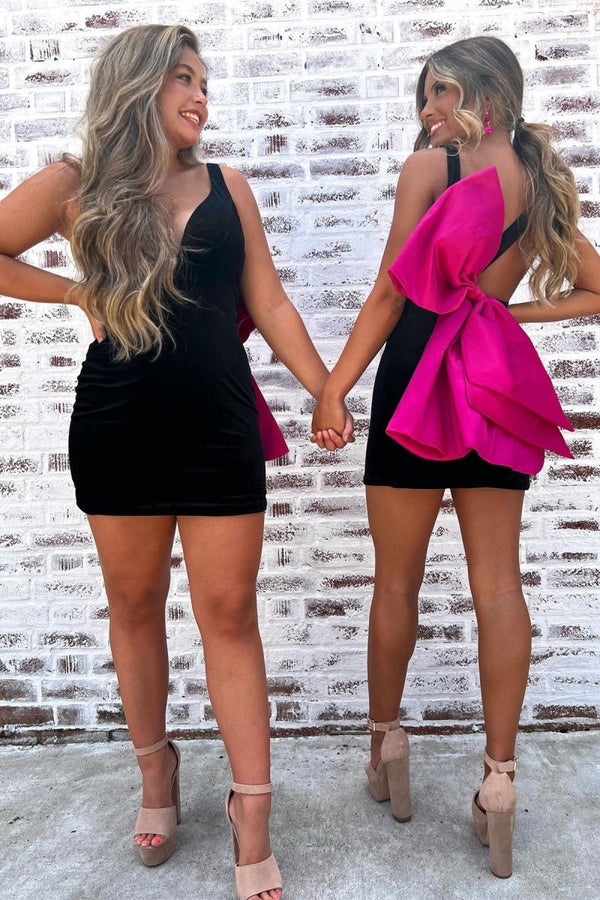 Koscy Black Plunge V Bow Back Bodycon Mini Party Dress