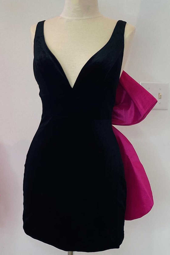 Koscy Black Plunge V Bow Back Bodycon Mini Party Dress
