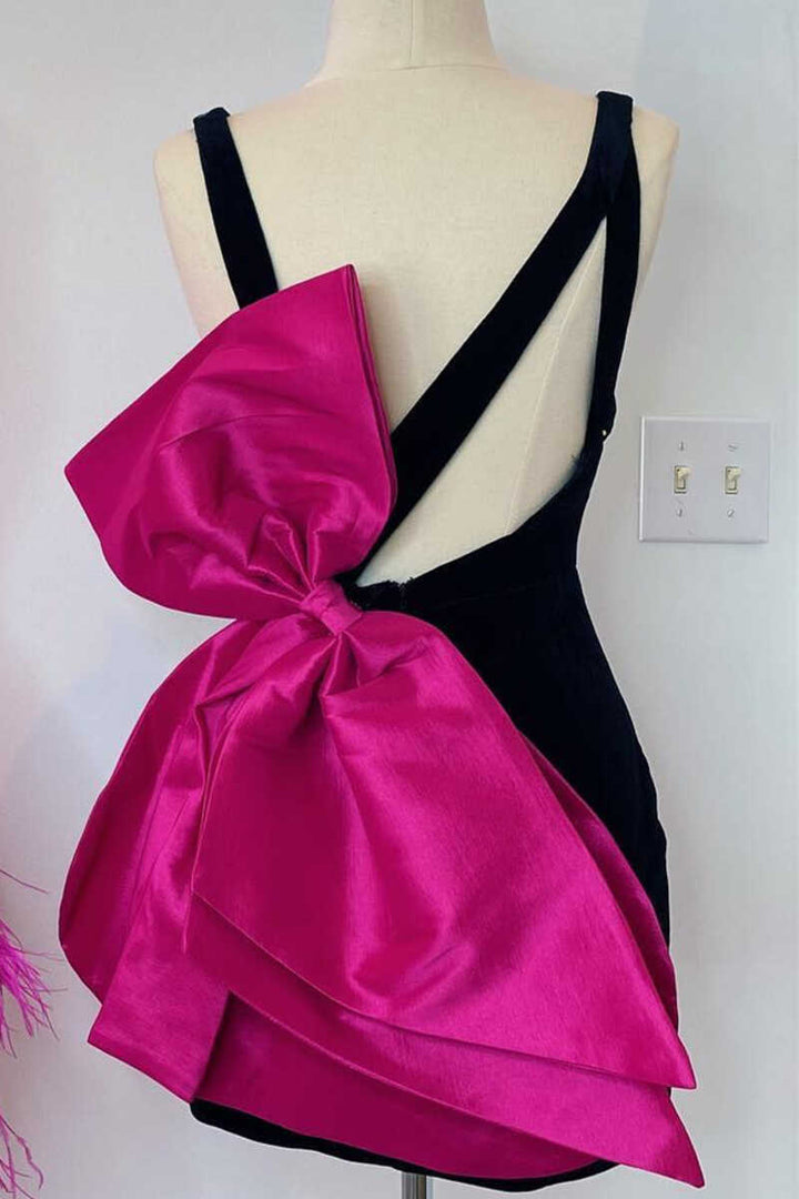 Koscy Black Plunge V Bow Back Bodycon Mini Party Dress