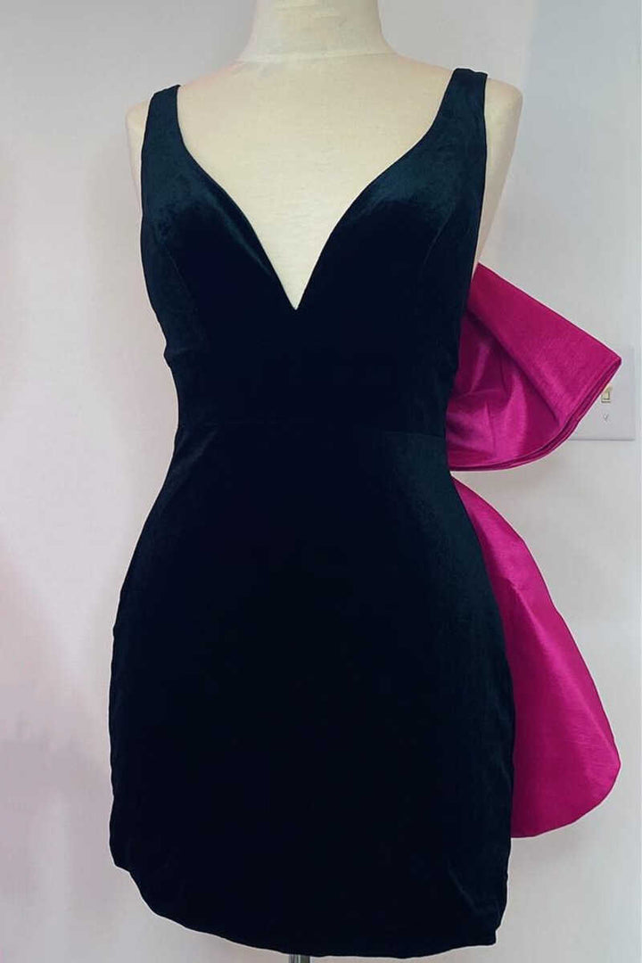 Koscy Black Plunge V Bow Back Bodycon Mini Party Dress