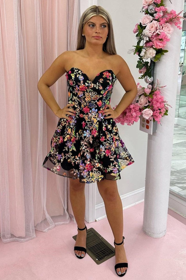 Koscy Black Sequin Lace Sweetheart A-Line Short Party Dress