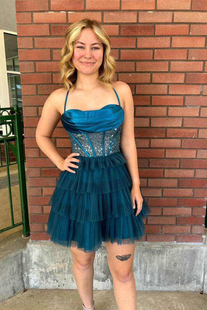 Black Spaghetti Straps A-Line Tulle Tiered Corset Homecoming Dress