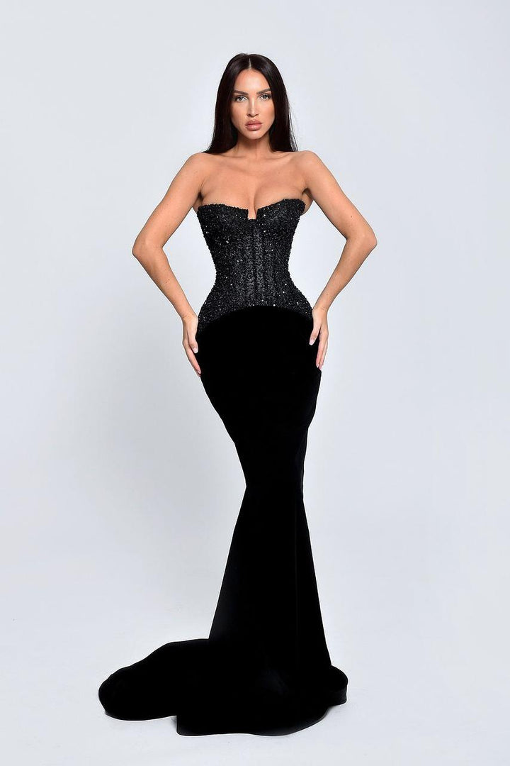 black strapless mermaid formal dress Black Strapless Sleeveless Long Mermaid Formal Dress With Sequins