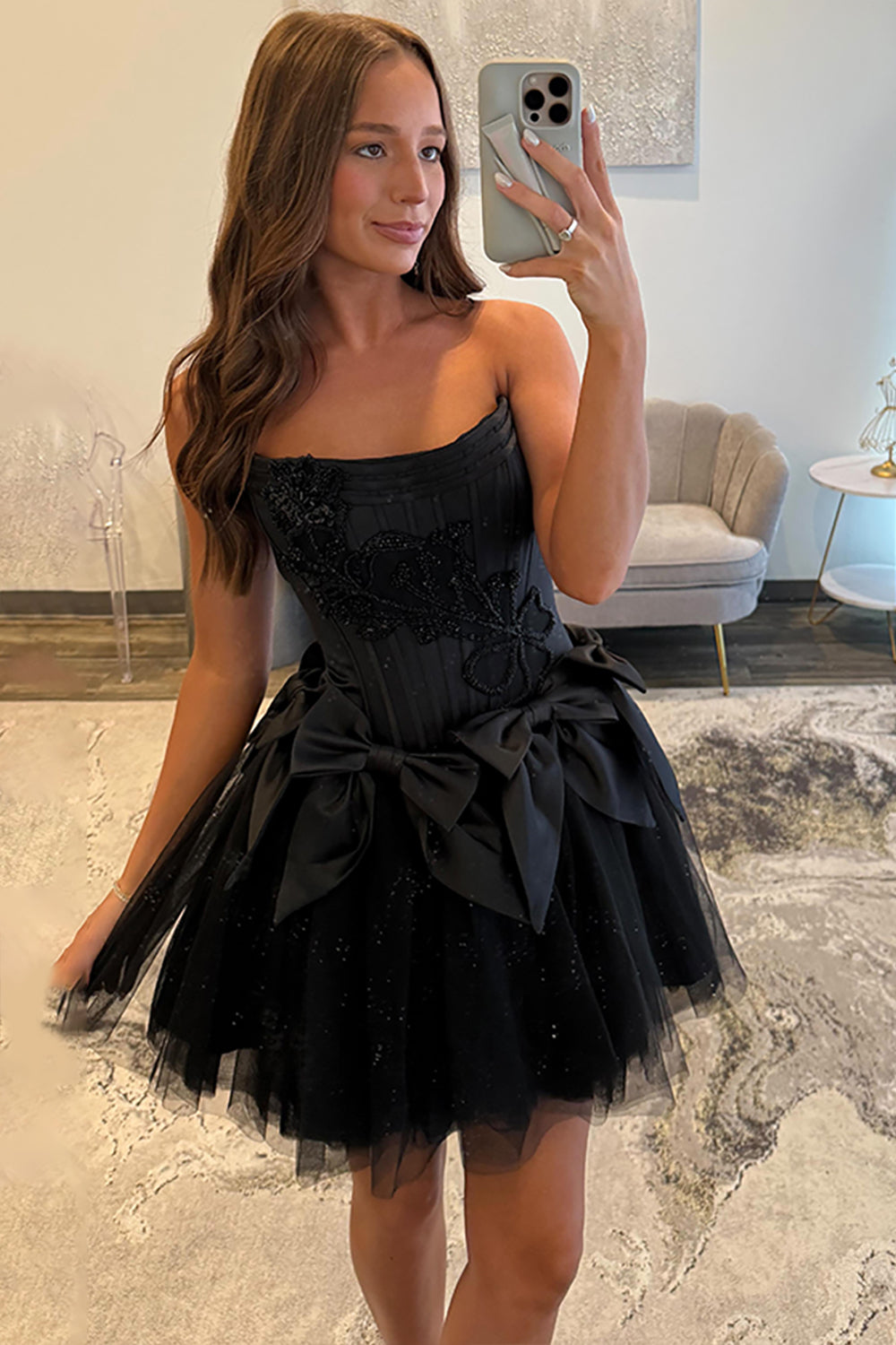 short corset homecoming dresses Black Tulle Strapless A Line Short Corset Homecoming Dress with Bows