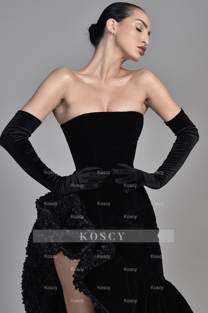 Black Velvet Evening Dress with Half Sleeves Off-the-Shoulder Design a