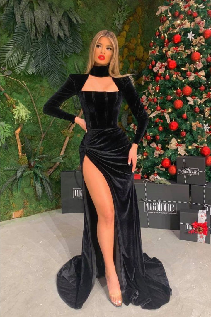 Black Velvet Long Sleeves High Slit Halter Prom Dress Black Velvet Long Sleeves High Slit Halter Prom Dress