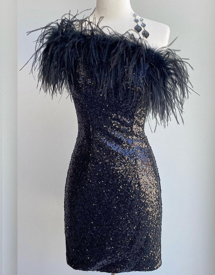 Koscy Sheath Sequin Homecoming Dress with Feather