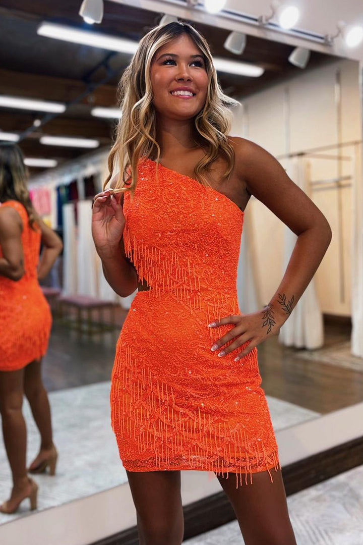 Bling Sheath One Shoulder Orange Short Homecoming Dress with Tassel Bling Sheath One Shoulder Orange Short Homecoming Dress with Tassel