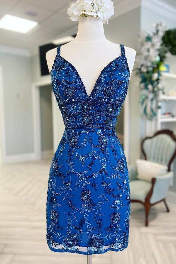 Koscy Blue Floral Lace Beaded Lace-Up Back Cocktail Dress