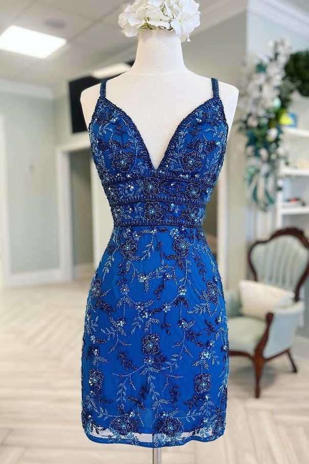 Koscy Blue Floral Lace Beaded Lace-Up Back Cocktail Dress