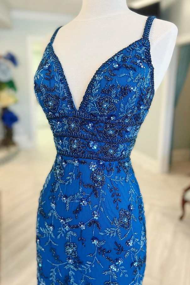 Koscy Blue Floral Lace Beaded Lace-Up Back Cocktail Dress