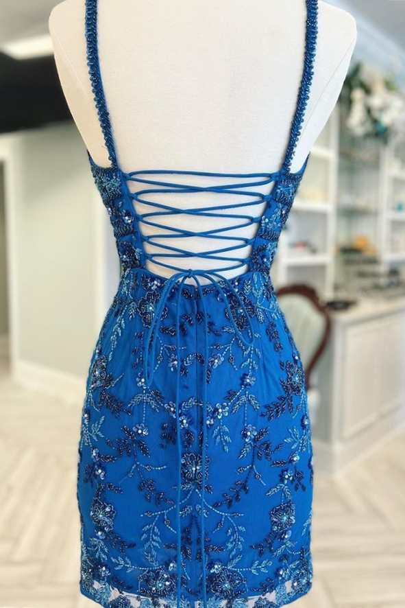Koscy Blue Floral Lace Beaded Lace-Up Back Cocktail Dress