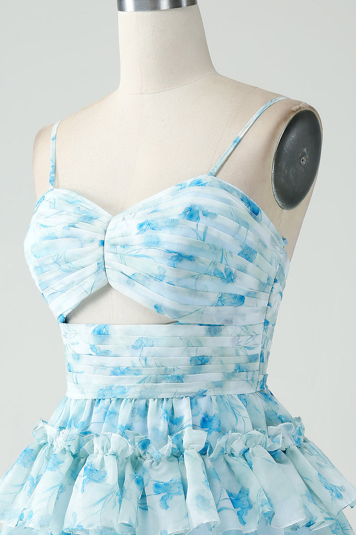 Blue Floral Spaghetti Straps A-Line Tiered Short Homecoming Dress with Ruffles Blue Floral Spaghetti Straps A-Line Tiered Short Homecoming Dress with Ruffles