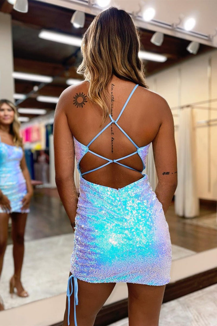 Koscy Blue Iridescent Sequins Lace-Up Sheath Homecoming Dress